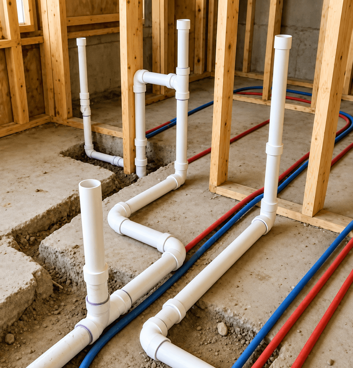 تأسيس السباكة والأعمال الصحية — Plumbing Rough-In & Installation